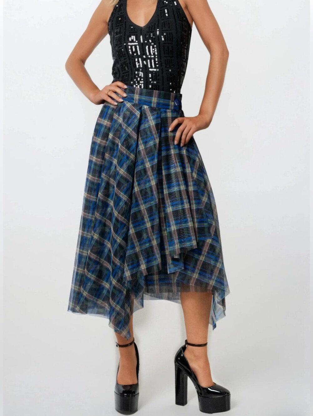 Kate Hewko Aymmetrical Blue Plaid Tulle Wrap Skirt Large